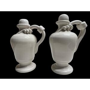 Italian White Ceramic Oil & Vinegar Cruet Set Italy w/ Stoppers